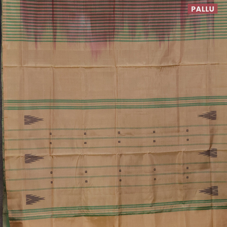 Banana pith saree dual shade of pinkish green and sandal with thread woven buttas and contrast border