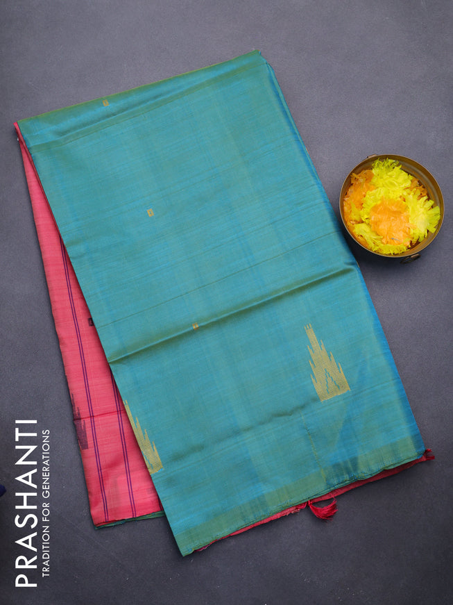 Banana pith saree dual shade of teal green and pink with thread woven buttas in borderless style