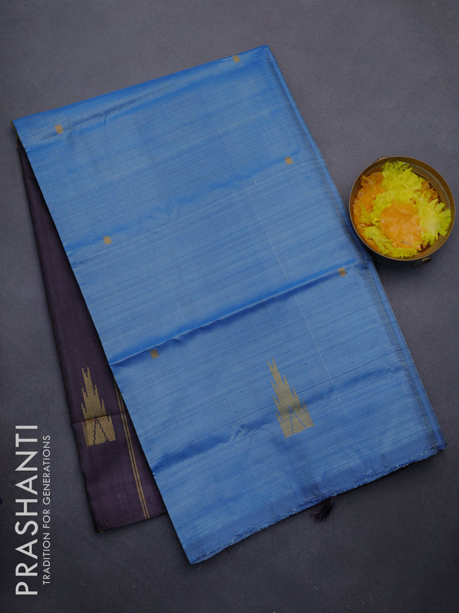 Banana pith saree light blue and deep jamun shade with thread woven buttas in borderless style