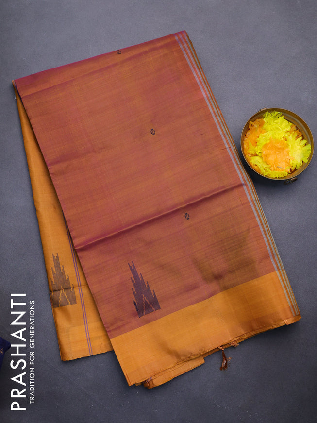 Banana pith saree dual shade of pinkish mustard and mustard yellow with thread woven buttas and contrast border