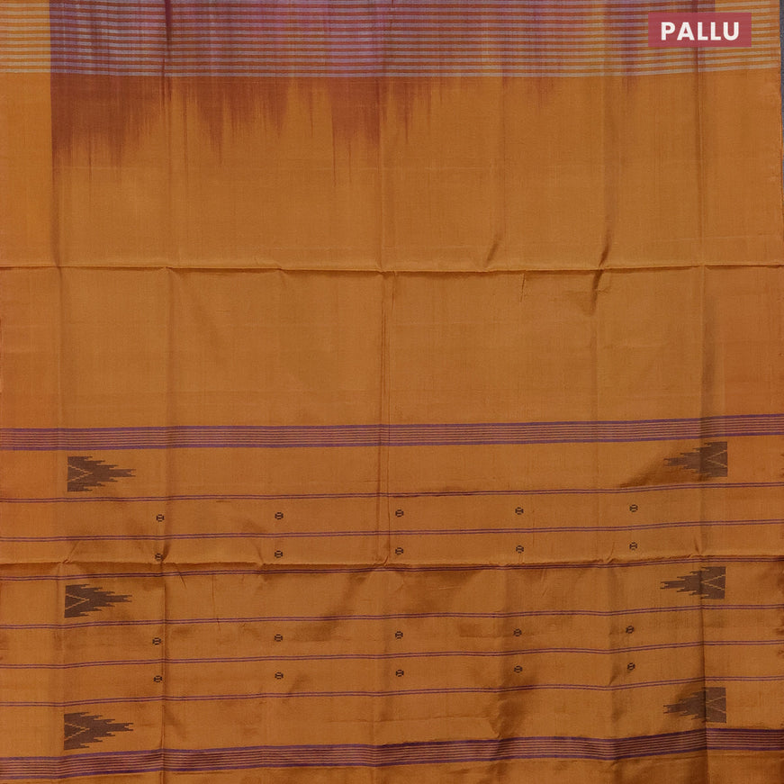 Banana pith saree dual shade of pinkish mustard and mustard yellow with thread woven buttas and contrast border