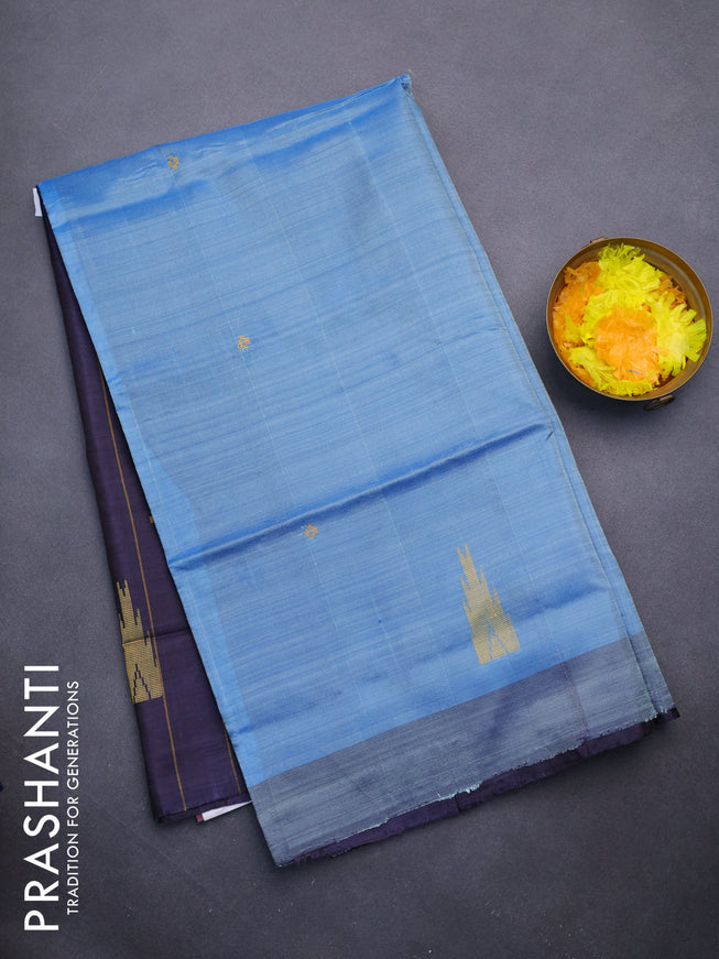 Banana pith saree light blue and dark navy blue with thread woven buttas and contrast border