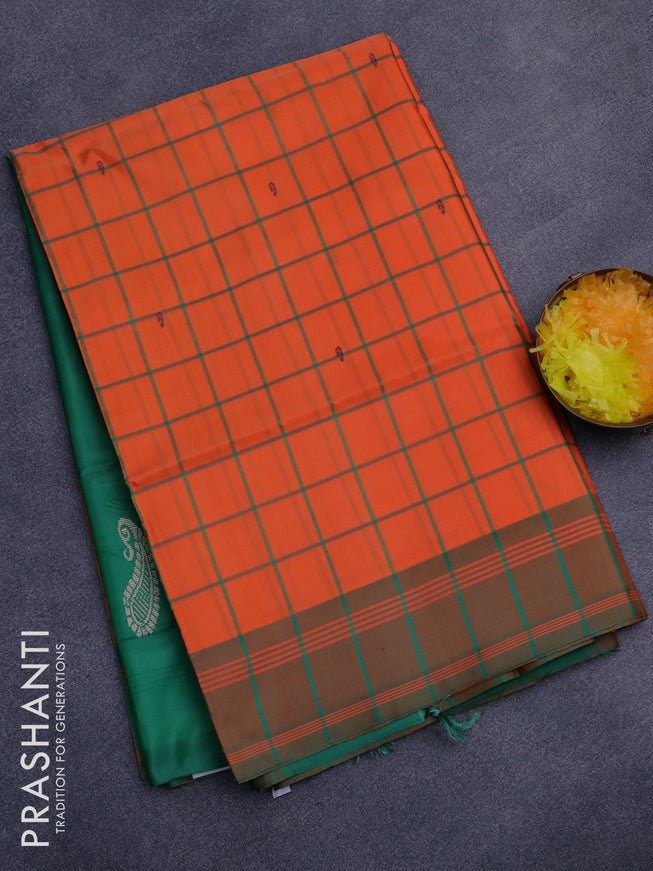 Banana pith saree orange and green with allover checks & buttas and contrast border