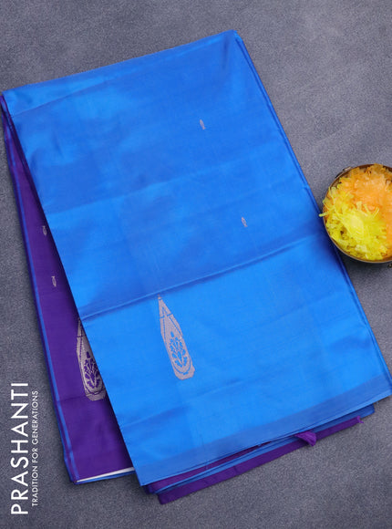 Banana pith saree cs blue and deep violet with thread woven buttas in borderless style