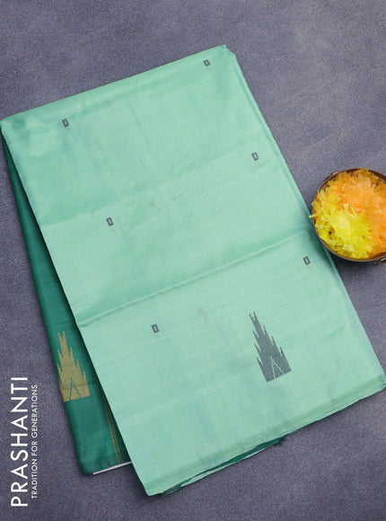 Banana pith saree pastel green and green with thread woven buttas in borderless style