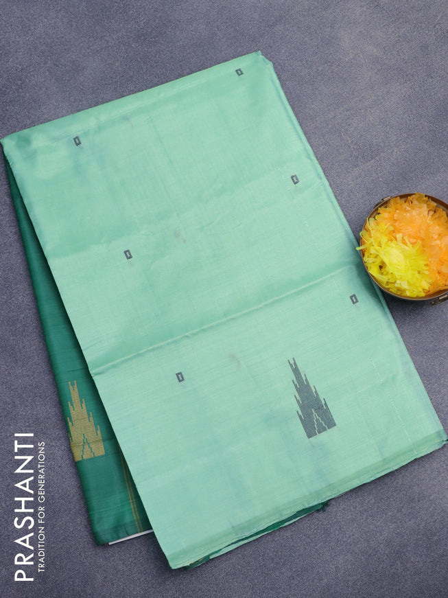 Banana pith saree pastel green and green with thread woven buttas in borderless style