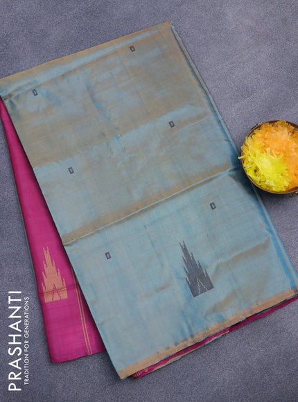 Banana pith saree dual shade of teal bluish mustard and magenta pink with thread woven buttas in borderless style