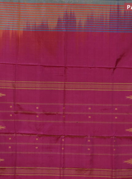 Banana pith saree dual shade of teal bluish mustard and magenta pink with thread woven buttas in borderless style