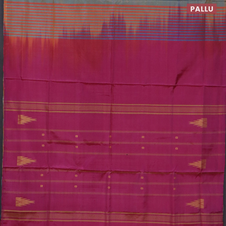 Banana pith saree dual shade of teal bluish mustard and magenta pink with thread woven buttas in borderless style