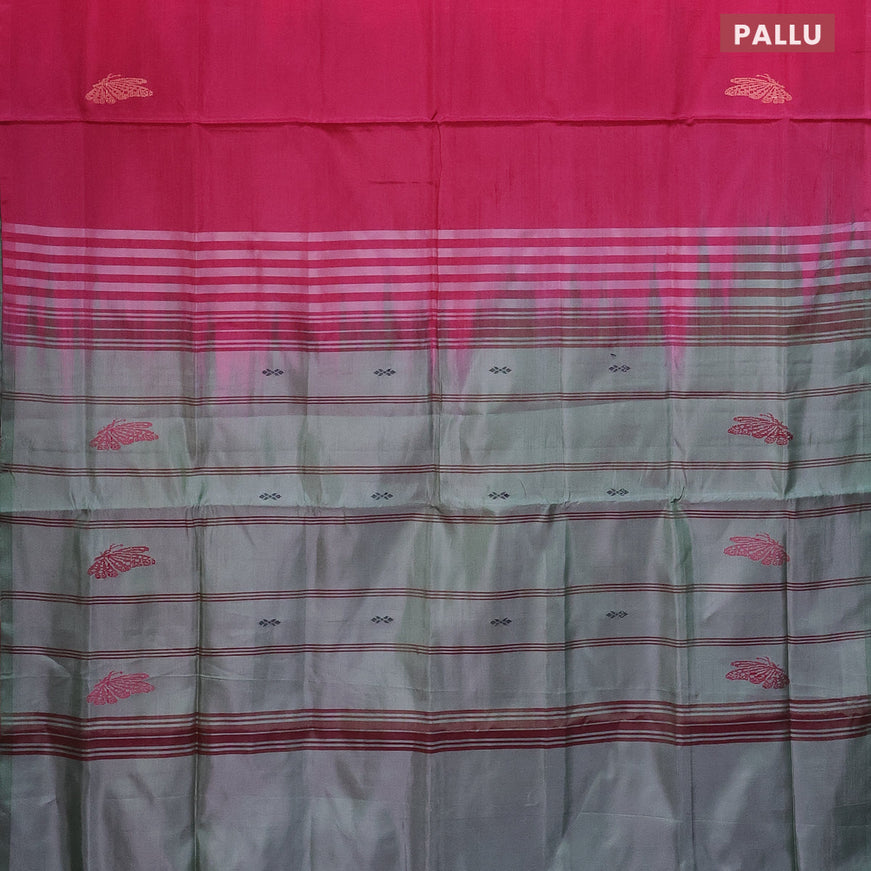 Banana pith saree pink and pastel green shade with thread woven buttas in borderless style