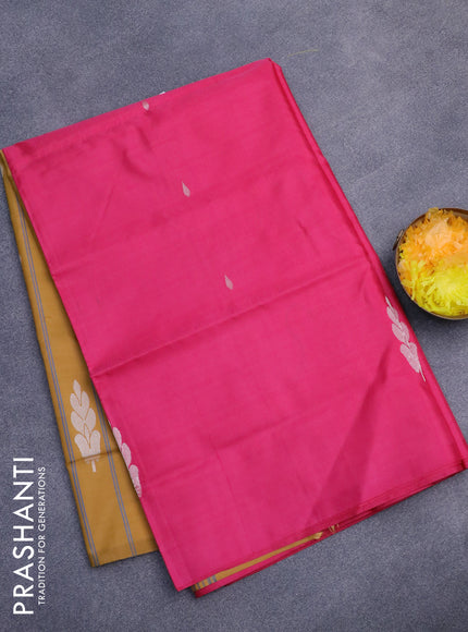 Banana pith saree pink and dark mustard with thread woven buttas in borderless style