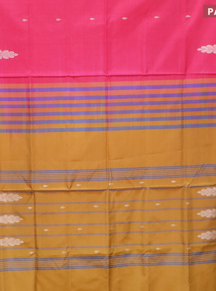 Banana pith saree pink and dark mustard with thread woven buttas in borderless style