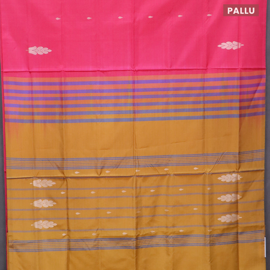 Banana pith saree pink and dark mustard with thread woven buttas in borderless style