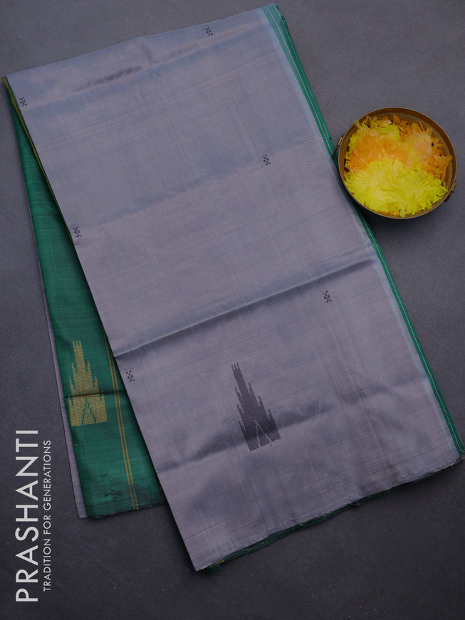 Banana pith saree grey and dark green with allover checks & buttas in borderless style