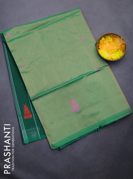 Banana pith saree green shade and green with thread woven buttas in borderless style