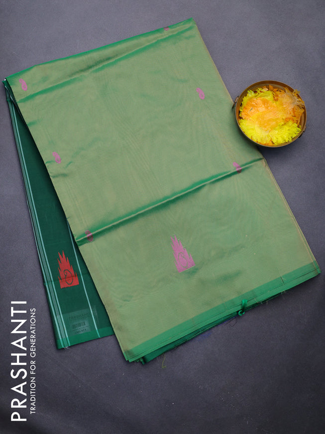 Banana pith saree green shade and green with thread woven buttas in borderless style