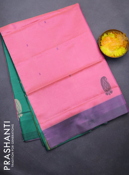 Banana pith saree dual shade of light pink and green with thread woven buttas and contrast border