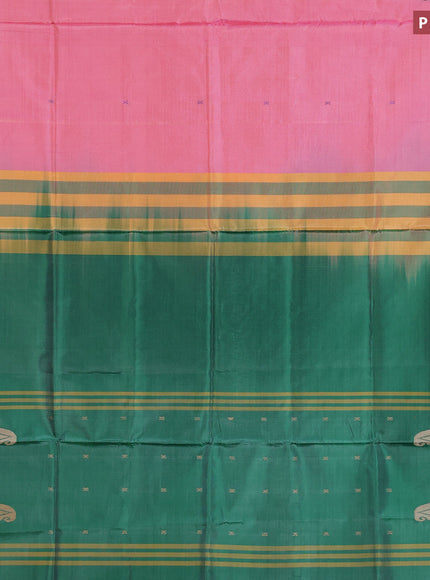 Banana pith saree dual shade of light pink and green with thread woven buttas and contrast border