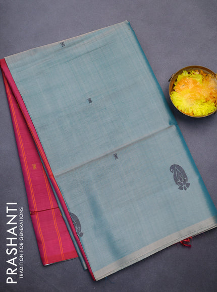 Banana pith saree dual shade of beigish green and reddish pink with thread woven buttas in borderless style