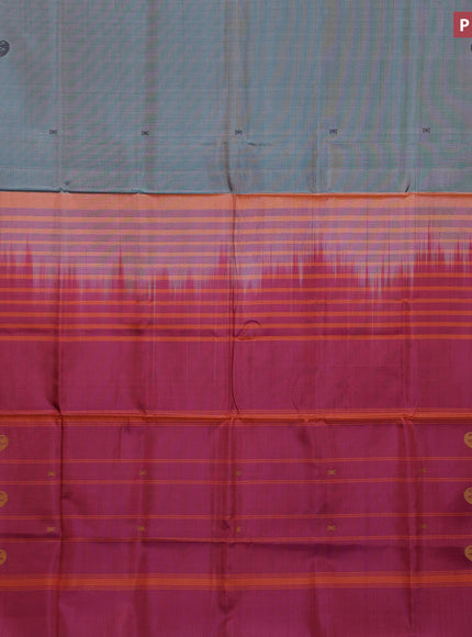 Banana pith saree dual shade of beigish green and reddish pink with thread woven buttas in borderless style