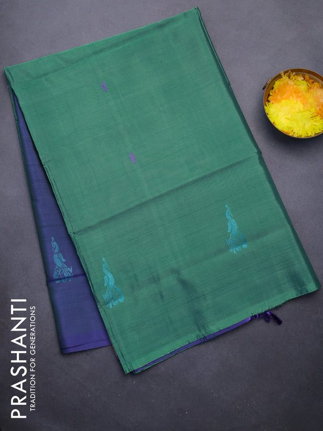 Banana pith saree tal green and dual shade of blue with thread woven buttas in borderless style