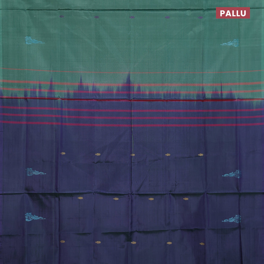 Banana pith saree tal green and dual shade of blue with thread woven buttas in borderless style