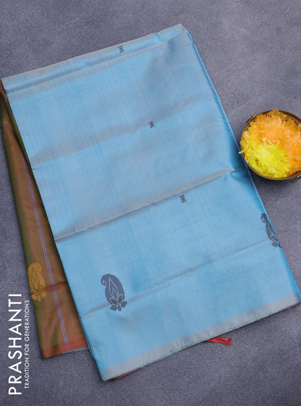 Banana pith saree light blue and dual shade of reddish green with thread woven buttas in borderless style