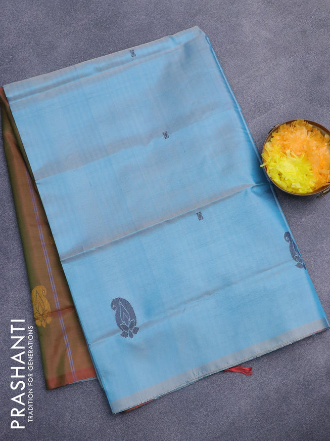 Banana pith saree light blue and dual shade of reddish green with thread woven buttas in borderless style