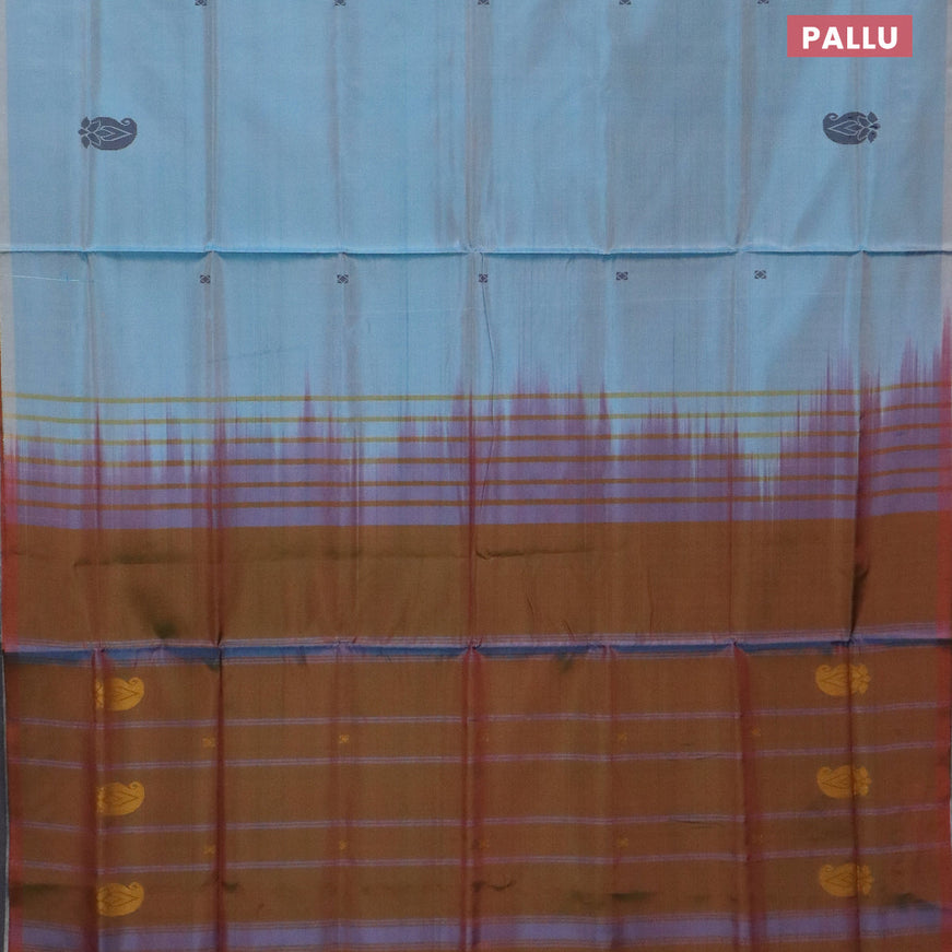 Banana pith saree light blue and dual shade of reddish green with thread woven buttas in borderless style