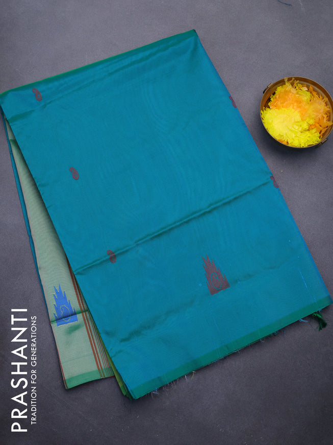 Banana pith saree teal green and green shade with thread woven buttas in borderless style