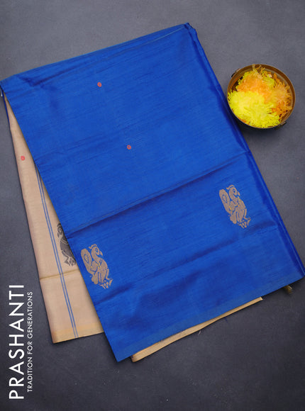 Banana pith saree blue and sandal with thread woven buttas in borderless style