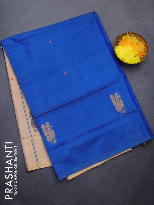 Banana pith saree blue and sandal with thread woven buttas in borderless style