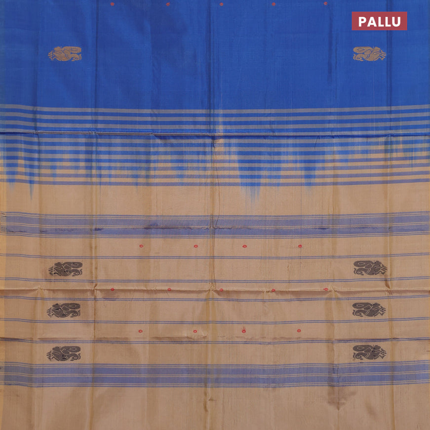 Banana pith saree blue and sandal with thread woven buttas in borderless style