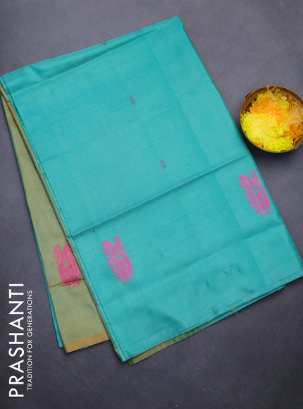 Banana pith saree teal blue and dual shade of mustard with thread woven buttas in borderless style