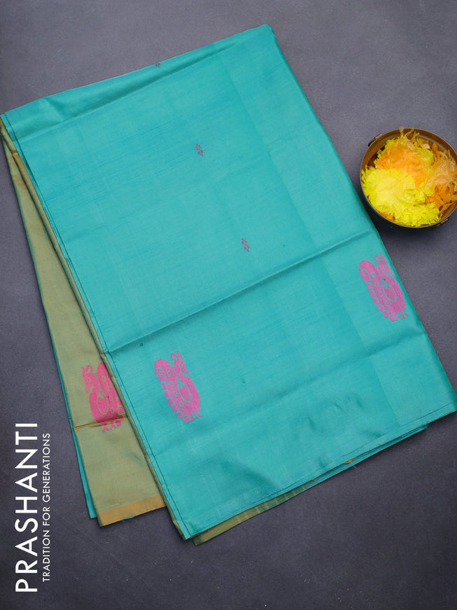 Banana pith saree teal blue and dual shade of mustard with thread woven buttas in borderless style