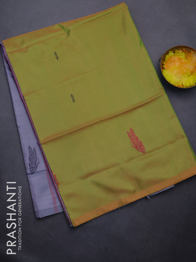 Banana pith saree dual shade of yellowish green and grey with thread woven buttas in borderless style