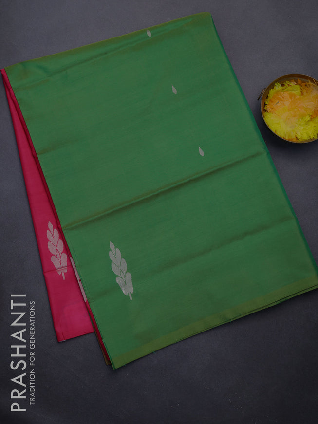 Banana pith saree green and pink with thread woven buttas in borderless style