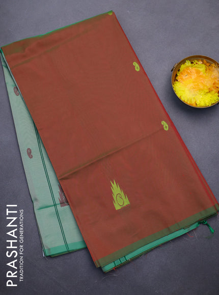 Banana pith saree dual shade of maroonish green and pastel green with thread woven buttas in borderless style