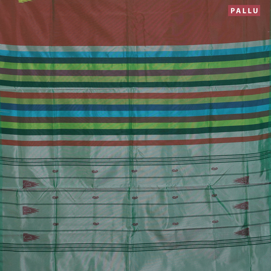 Banana pith saree dual shade of maroonish green and pastel green with thread woven buttas in borderless style