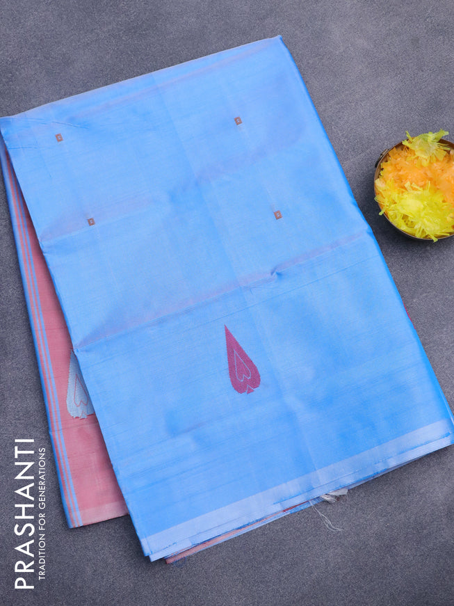 Banana pith saree light blue and red shade with thread woven buttas in borderless style