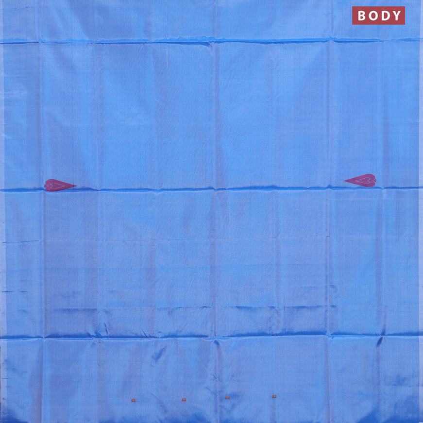 Banana pith saree light blue and red shade with thread woven buttas in borderless style