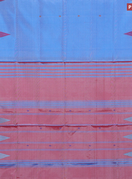 Banana pith saree light blue and red shade with thread woven buttas in borderless style