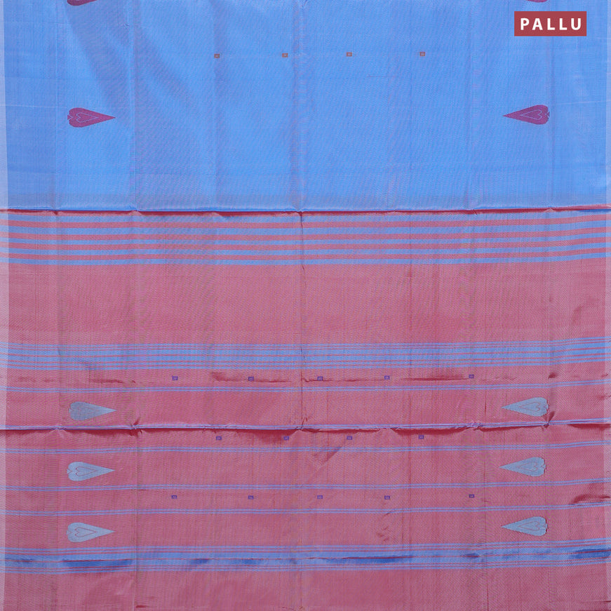 Banana pith saree light blue and red shade with thread woven buttas in borderless style