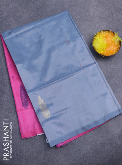 Banana pith saree grey and candy pink with thread woven buttas in borderless style