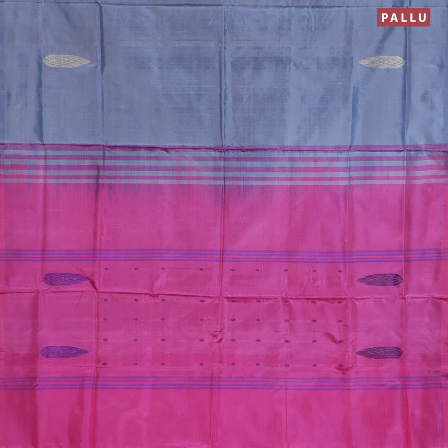 Banana pith saree grey and candy pink with thread woven buttas in borderless style