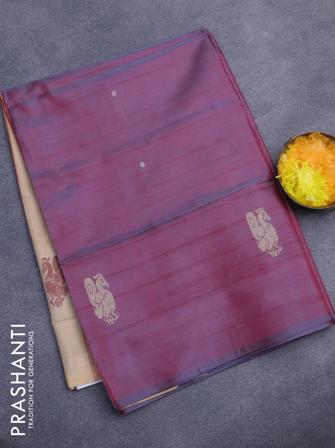 Banana pith saree maroon shade and sandal with thread woven buttas in borderless style