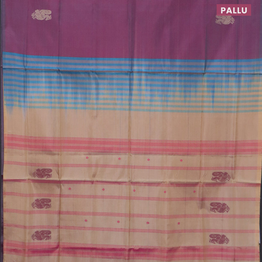 Banana pith saree maroon shade and sandal with thread woven buttas in borderless style