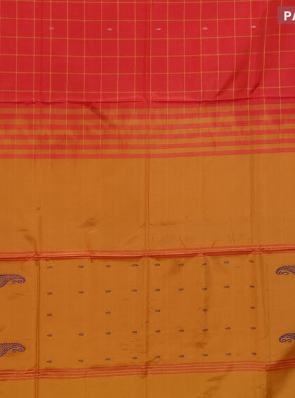 Banana pith saree pinkish orange and mango yellow with allover checked pattern and contrast border