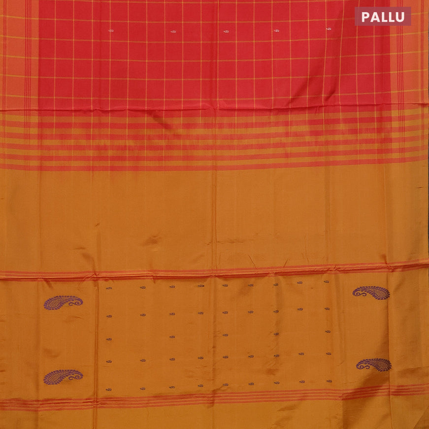 Banana pith saree pinkish orange and mango yellow with allover checked pattern and contrast border