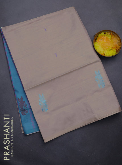 Banana pith saree beige and teal blue with thread woven buttas in borderless style